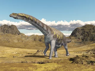 Badezimmer Foto Rückwand Dinosaurier Argentinosaurus in einer Landschaft © Michael Rosskothen