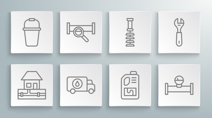 Set line Water supply pipes, Industry metallic, Plumber service car, Drain cleaner bottle, and manometer, Toilet brush, Wrench spanner and Bucket icon. Vector