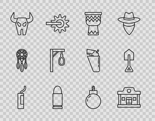 Set line Dynamite bomb, Wild west saloon, Drum, Bullet, Buffalo skull, Gallows, Bomb ready to explode and Shovel icon. Vector