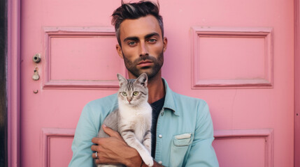 Handsome young man with beard and mustache in blue jacket holding cat on pink background