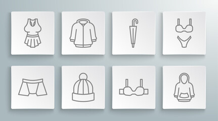 Fototapeta premium Set line Men underpants, Hoodie, Winter hat, Bra, Umbrella, Swimsuit and Undershirt icon. Vector