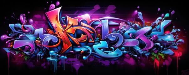 Modern night city with colorful 3D graffiti in street, panorama banner. Generative Ai.