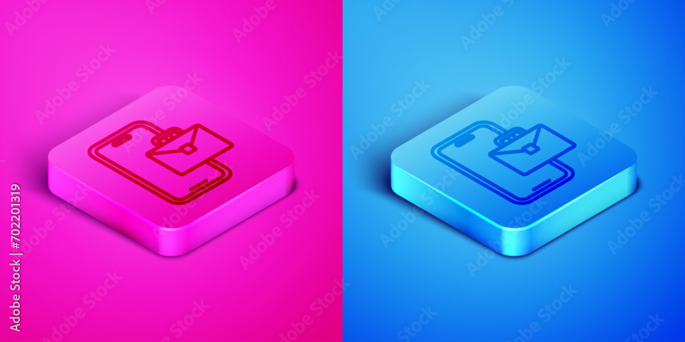 Wall mural isometric line freelancer icon isolated on pink and blue background. freelancer man working on lapto