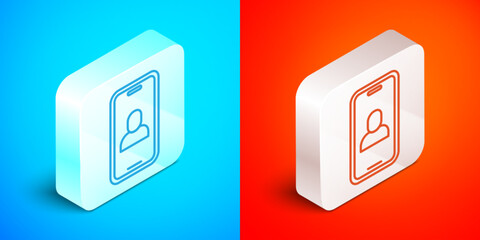 Isometric line Video chat conference icon isolated on blue and red background. Online meeting work form home. Remote project management. Silver square button. Vector