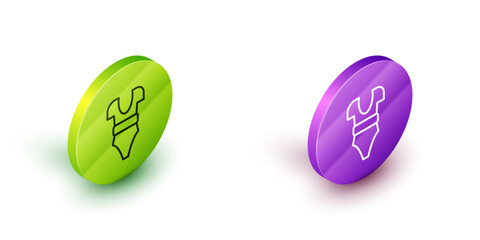 Isometric line Swimsuit icon isolated on white background. Green and purple circle buttons. Vector