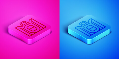 Isometric line Hiking backpack icon isolated on pink and blue background. Camping and mountain exploring backpack. Square button. Vector