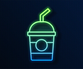 Glowing neon line Milkshake icon isolated on blue background. Plastic cup with lid and straw.  Vector