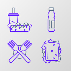 Set line Sandwich, Crossed fork, Bottle of water and Paper glass with drinking straw hotdog icon. Vector