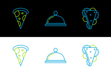 Set line Sandwich, Slice of pizza and Covered with tray food icon. Vector