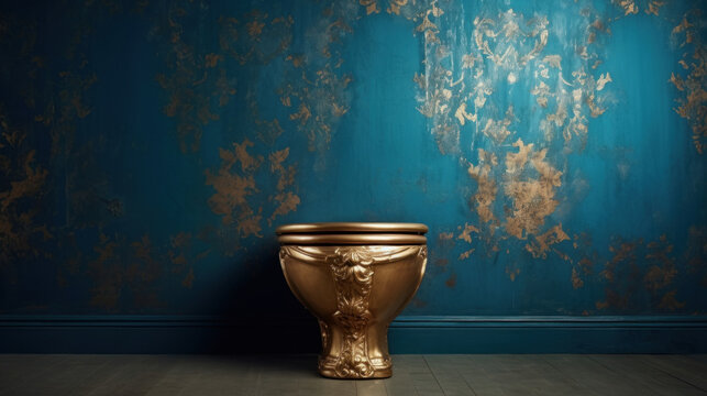 Golden toilet in a blue room with wallpaper