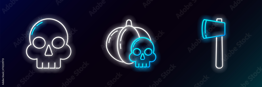 Wall mural set line wooden axe, skull and pumpkin and skull icon. glowing neon. vector