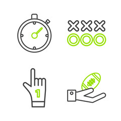 Set line American Football ball on hand, Number 1 one fan glove with finger raised, Planning strategy concept and Stopwatch icon. Vector
