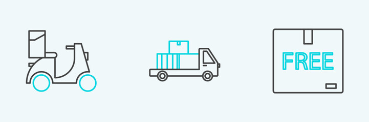 Set line Cardboard box with free symbol, Scooter delivery and Delivery truck cardboard boxes icon. Vector