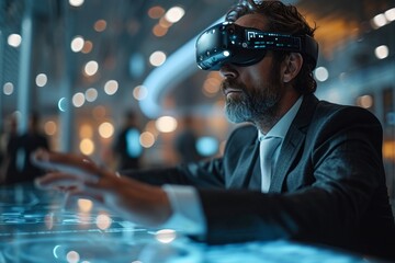 Confident mature man in business attire wearing virtual reality glasses while working and gesturing