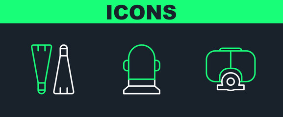 Set line Diving mask, Rubber flippers for swimming and Buoy icon. Vector © Oksana