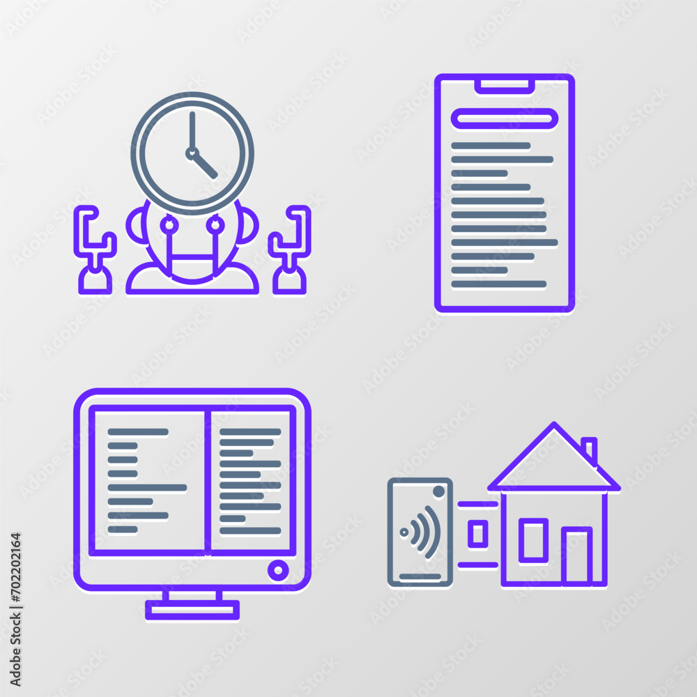 Poster set line smart home, computer monitor screen, api interface and robot and digital time manager icon.