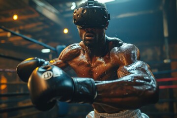 Young African male boxer in boxing gloves wearing virtual reality glasses while training in gym
