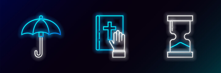 Fototapeta premium Set line Old hourglass, Umbrella and Oath on the Holy Bible icon. Glowing neon. Vector