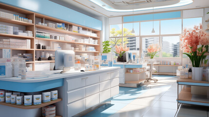 A pharmacy shop with a counter, shelves, and showcases