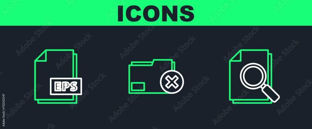 Poster set line document with search, eps file document and delete folder icon. vector