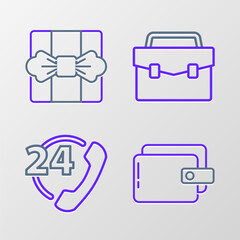 Set line Wallet, Telephone 24 hours support, Briefcase and Gift box icon. Vector