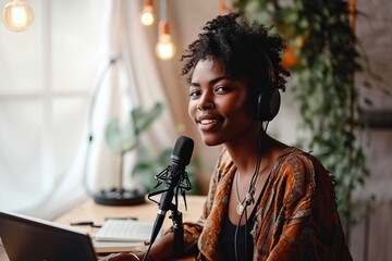 Confident young African woman recording podcast while using laptop and microphone in studio