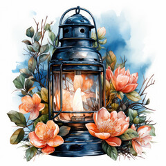 watercolor Lantern with Flowers clipart, Generative Ai