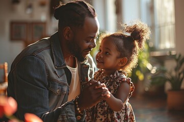 Young African father dancing with his smiling little daughter while spending time at home together