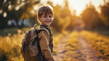 Portrait of happy little boy with a backpack is going to school for the first time, joyful kid to go back to school for education purposes