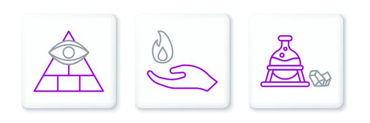 Set line Witch cauldron and magic stone, Masons and Hand holding fire icon. Vector