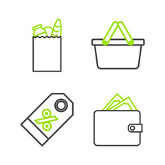 Set line Wallet with stacks paper money cash, Discount percent tag, Shopping basket and Paper shopping bag and food icon. Vector