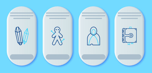 Set line Voodoo doll, Mantle, cloak, cape, Magic stone and Ancient magic book icon. Vector