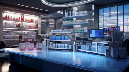 A counter in a pharmacy store filled with lots of bottles with medicine and cosmetics - obrazy, fototapety, plakaty