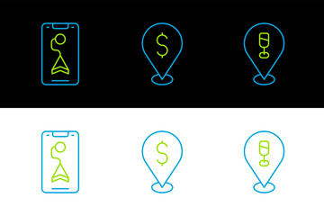 Set line Alcohol or beer bar location, City map navigation and Cash icon. Vector