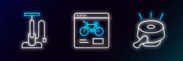 Set line Bicycle bell, air pump and rental mobile app icon. Glowing neon. Vector