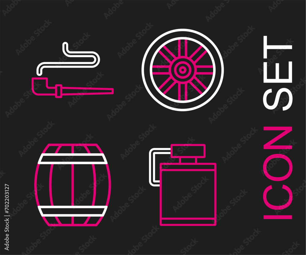 Wall mural set line canteen water bottle, gun powder barrel, old wooden wheel and smoking pipe icon. vector