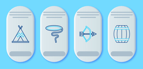 Set line Lasso, Bow and arrow in quiver, Indian teepee or wigwam and Gun powder barrel icon. Vector © Oksana