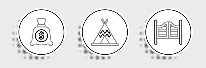 Set line Saloon door, Money bag and Indian teepee wigwam icon. Vector © Oksana