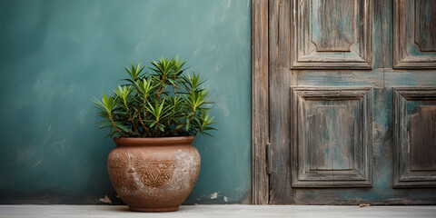 Emerald green painted wooden door in the house with green color walls and a plant on the front of room door Ai Generative