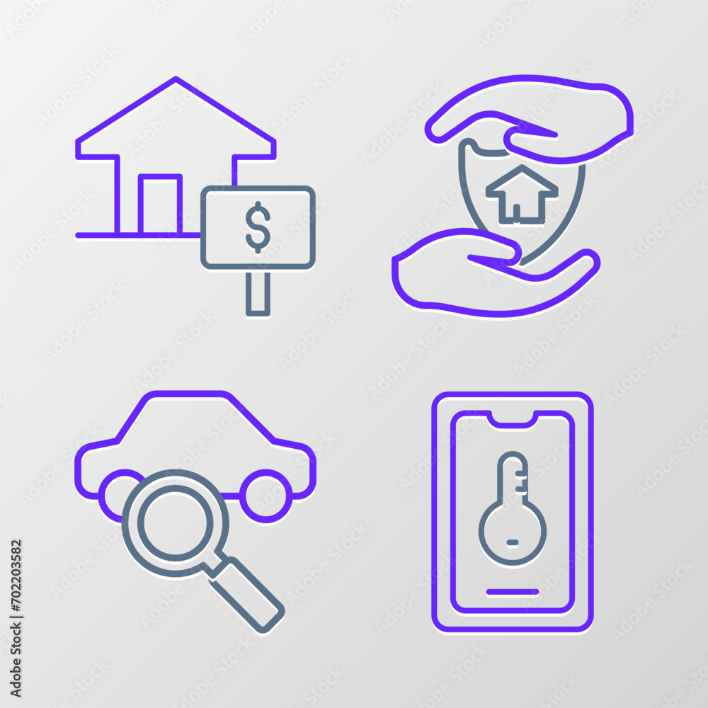 Sticker set line online real estate, car sharing, house with shield and dollar icon. vector