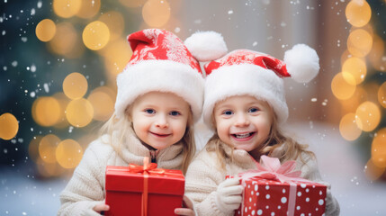 Fototapeta na wymiar Happy kids in Santa hats in kindergarten