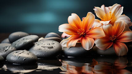 Spa still life with zen stones, lily and water drops