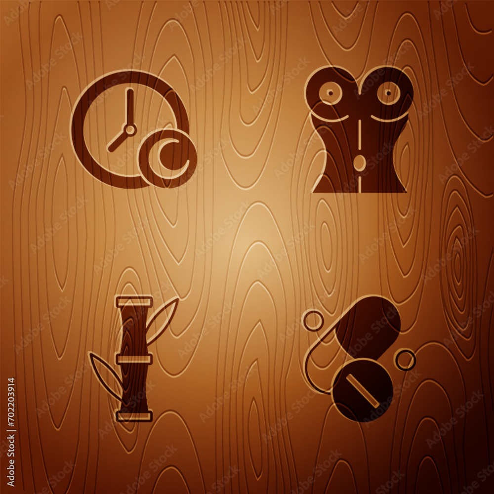 Wall mural Set Vitamin pill, Time to sleep, Bamboo and Women waist on wooden background. Vector