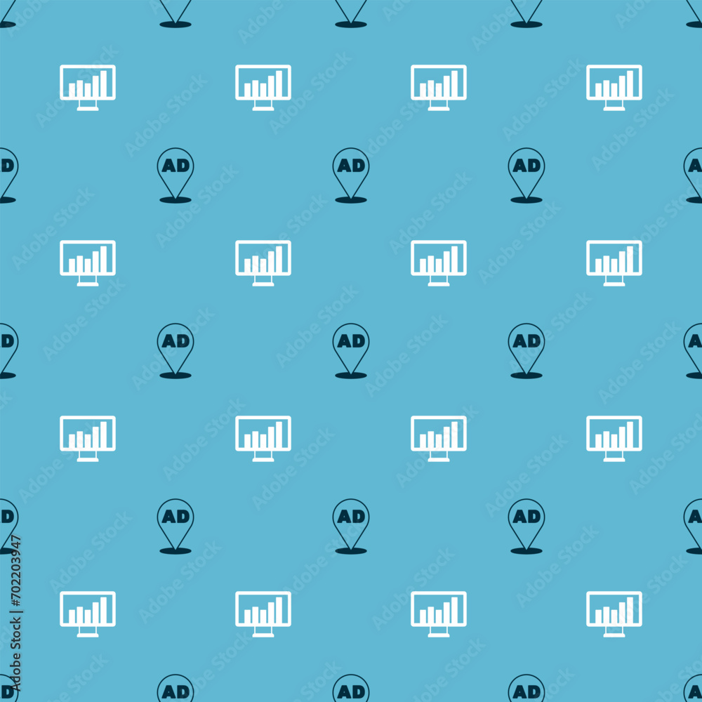 Poster set advertising and monitor with graph chart on seamless pattern. vector