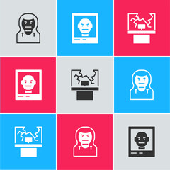 Set Thief mask, Wanted poster and Broken window icon. Vector