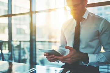 Businessman working on laptop computer in modern office, closeup. Business and technology concept