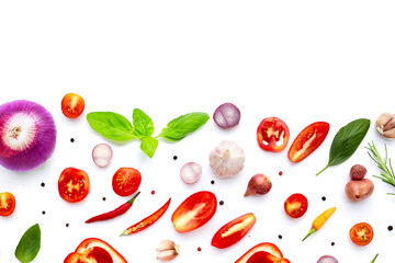 Various fresh vegetables and herbs on white background.