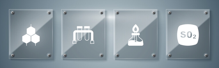 Set Sulfur dioxide SO2, Alcohol or spirit burner, Test tube and Chemical formula. Square glass panels. Vector