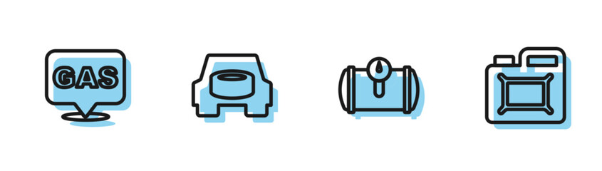 Set line Gas tank for vehicle, Location and gas station, Spare wheel in the car and Canister motor oil icon. Vector