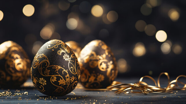 Easter eggs decorated with gold pattern on a bokeh background